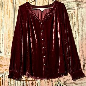J. Jill Velvet Button-Down Shirt - Wine/Burgundy